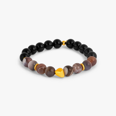 Beads Bracelet of Botswana and black agate, with 18K gold-plated nuggets