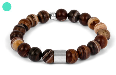 Beaded Bracelet in Rhodium Silver with Brown Striped Agate
