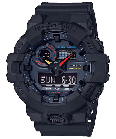 Gshock watch black rubber band black case and colored dial