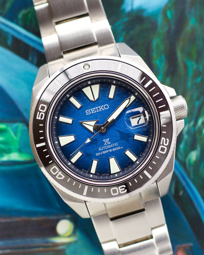 Seiko steel diver watch with blue dial