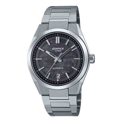 Casio Edifice watch with silver metal strap on a white background