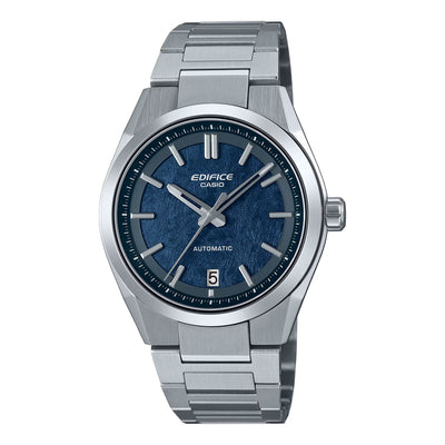 Casio Edifice watch with blue dial and silver metal strap on a white background