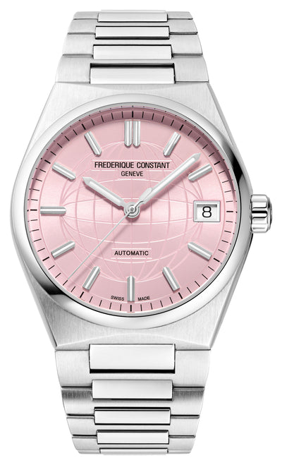 steel wristwatch with pink dial and steel bracelet