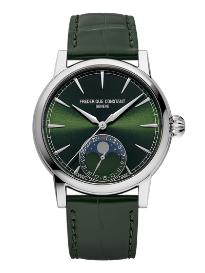 Frederique constant steel watch with moonphase green dial