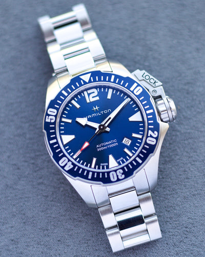 Hamilton steel diver watch with blue dial