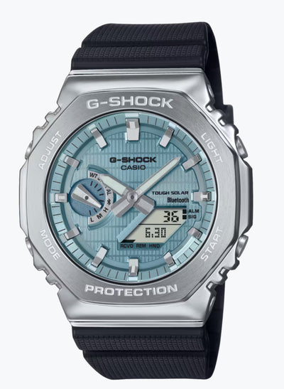 Metal-clad g shock watch with blue dial