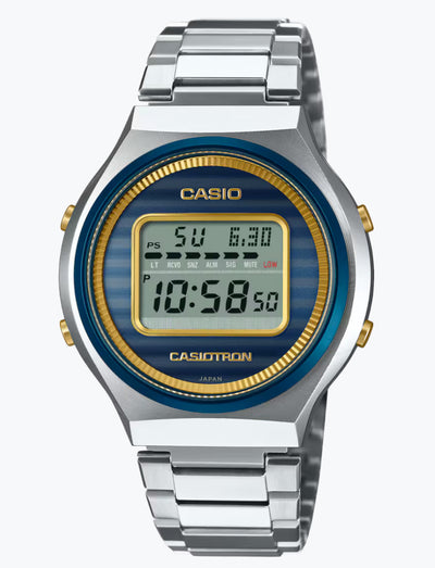 casio steel digital watch with fluted pattern blue dial 