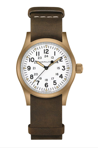 Hamilton bronze watch with white dial and leather strap