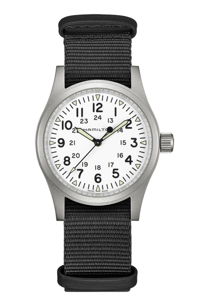 Hamilton steel watch on nylon band and white face