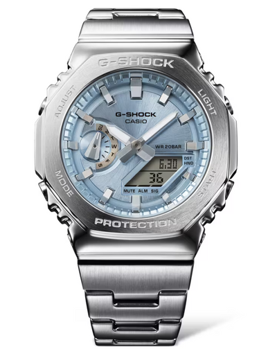 gshock steel watch on hybrid sky blue dial