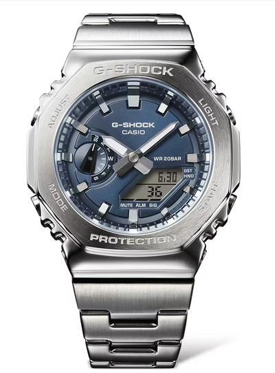 gshock steel watch on hybrid blue dial