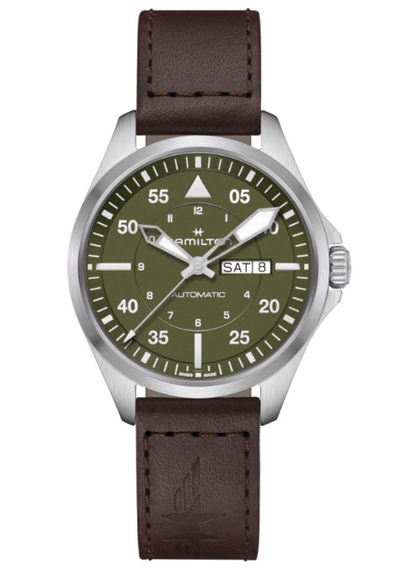 Hamilton steel watch on green dial and brown leather strap