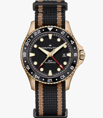 Hamilton watch with black dial and brown striped strap on white background