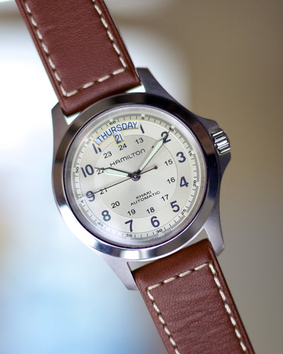 Hamilton steel watch on leather strap