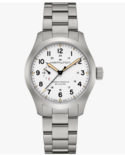 Silver Hamilton watch with a white face on a white background