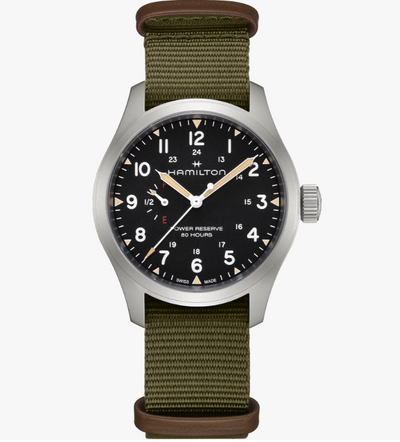 Hamilton watch with green strap on a white background