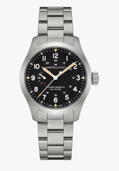 Hamilton watch with black dial and silver metal bracelet on a white background