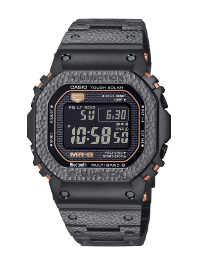 Black Casio MR-G watch with digital display on a white background
