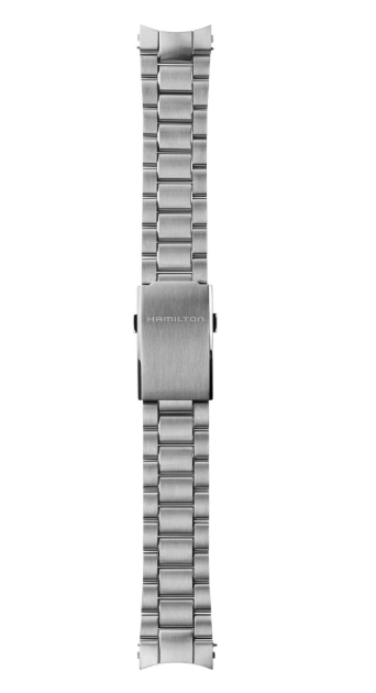 Silver watch band on a white background