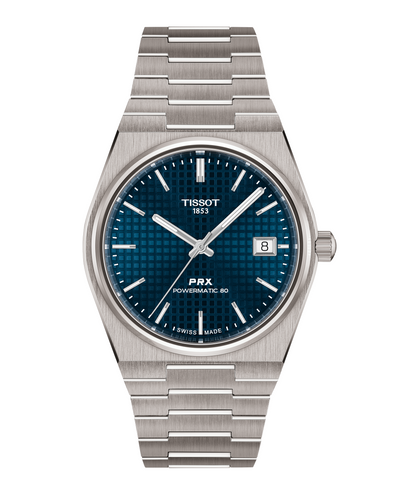 Tissot watch with blue dial and silver bracelet on a white background