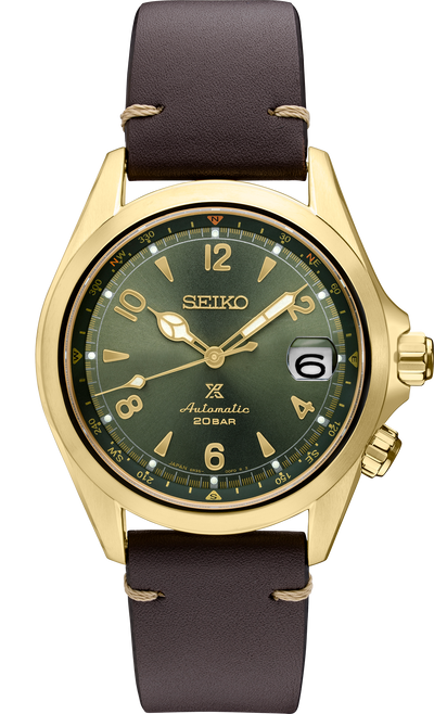 Seiko Steel gold plated watch on green dial and brown band
