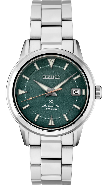 Seiko steel watch on steel bracelet and green dial