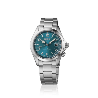 Seiko watch with blue dial and silver metal bracelet on a white background