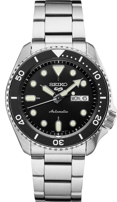 Seiko steel watch on steel bracelet and black dial