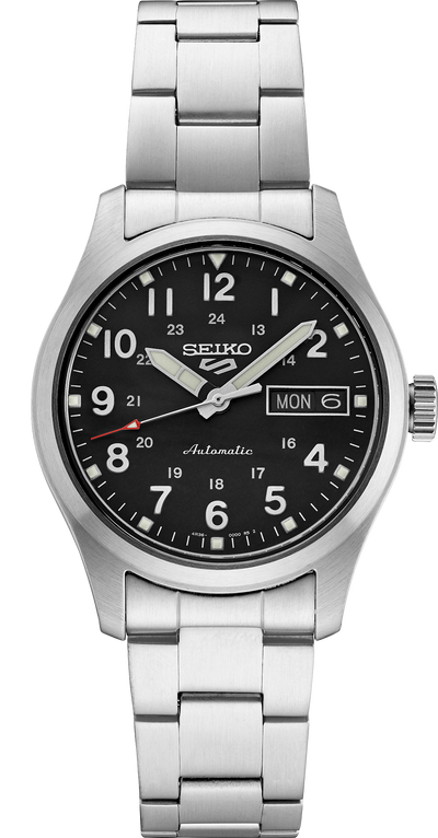 steel wristwatch on black dial and steel bracelet