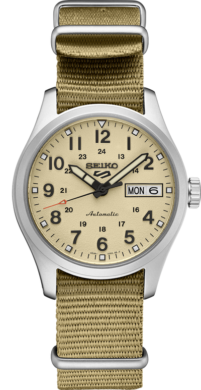 steel wristwatch on beige dial and beige nylon strap 