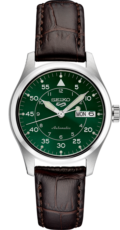 steel wristwatch on green dial and brown leather band