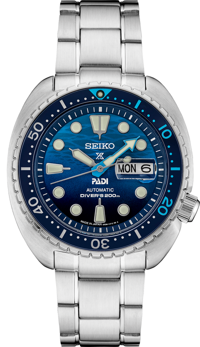 steel wristwatch on blue dial and steel bracelet
