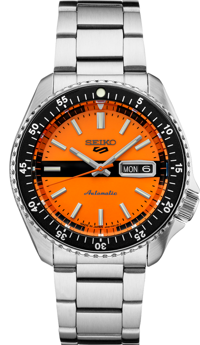 Seiko steel watch on orange dial and steel bracelet