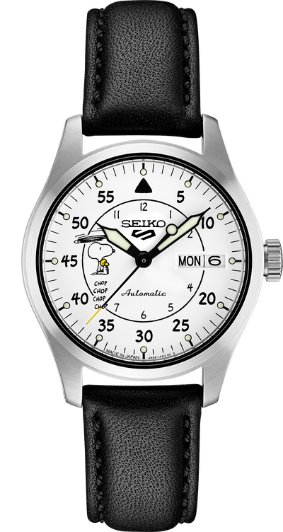 steel watch with white snoopy character