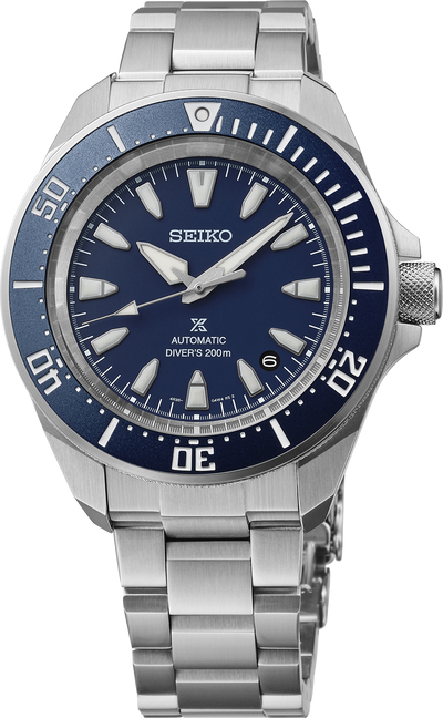 Seiko watch with blue dial and silver metal bracelet on a white background