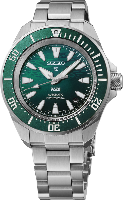 Seiko watch with green dial and silver metal bracelet on a white background