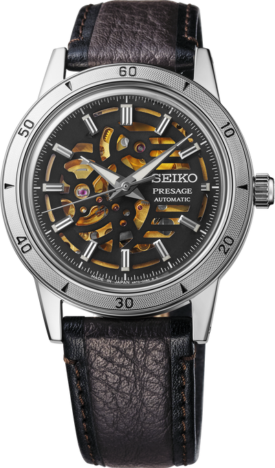 Seiko steel watch with skeletonized dial