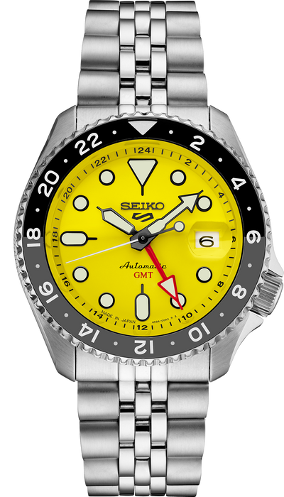 seiko watch with yellow multi hand dial and steel bracelet