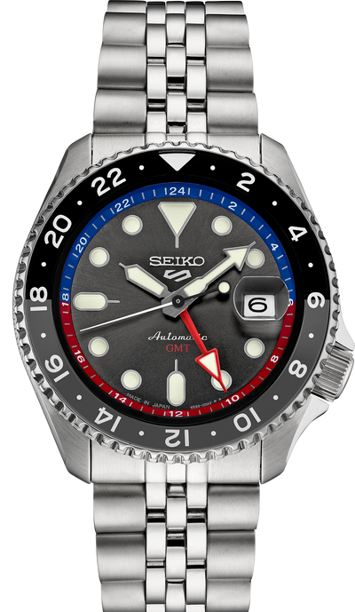 seiko watch with grey multi hand dial and steel bracelet 