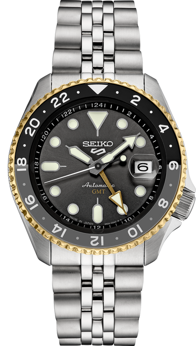 seiko watch with black multi hand dial and steel bracelet