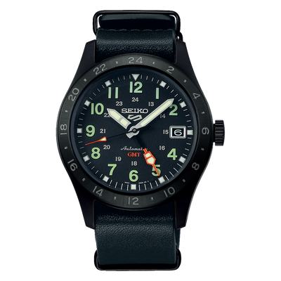 Seiko all black field watch on black dial and black strap