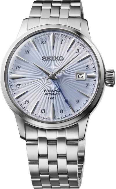 Seiko steel watch with ice blue dial