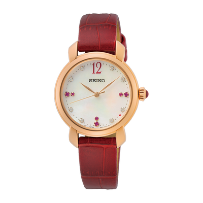 Seiko ladies watch rose gold tone case with jewels in dial on red leather band
