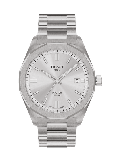 Silver Tissot watch with a white face on a white background