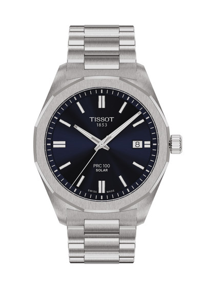 Tissot watch with silver bracelet and blue dial on a white background