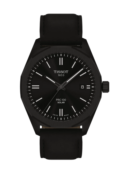 Black Tissot steel watch on black leather