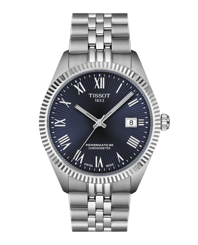 Tissot watch with silver bracelet and blue dial on a white background