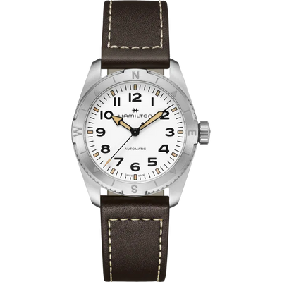 hamilton steel watch on brown strap and white dial