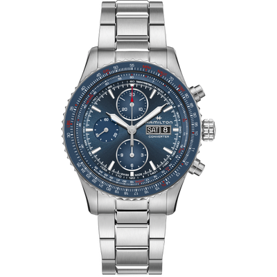 hamilton chronograph watch with blue dial and steel bracelet 