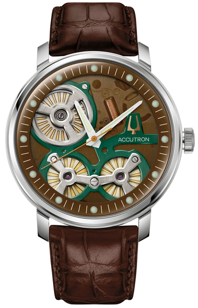 Steel wristwatch with movement reveling dial on brown band